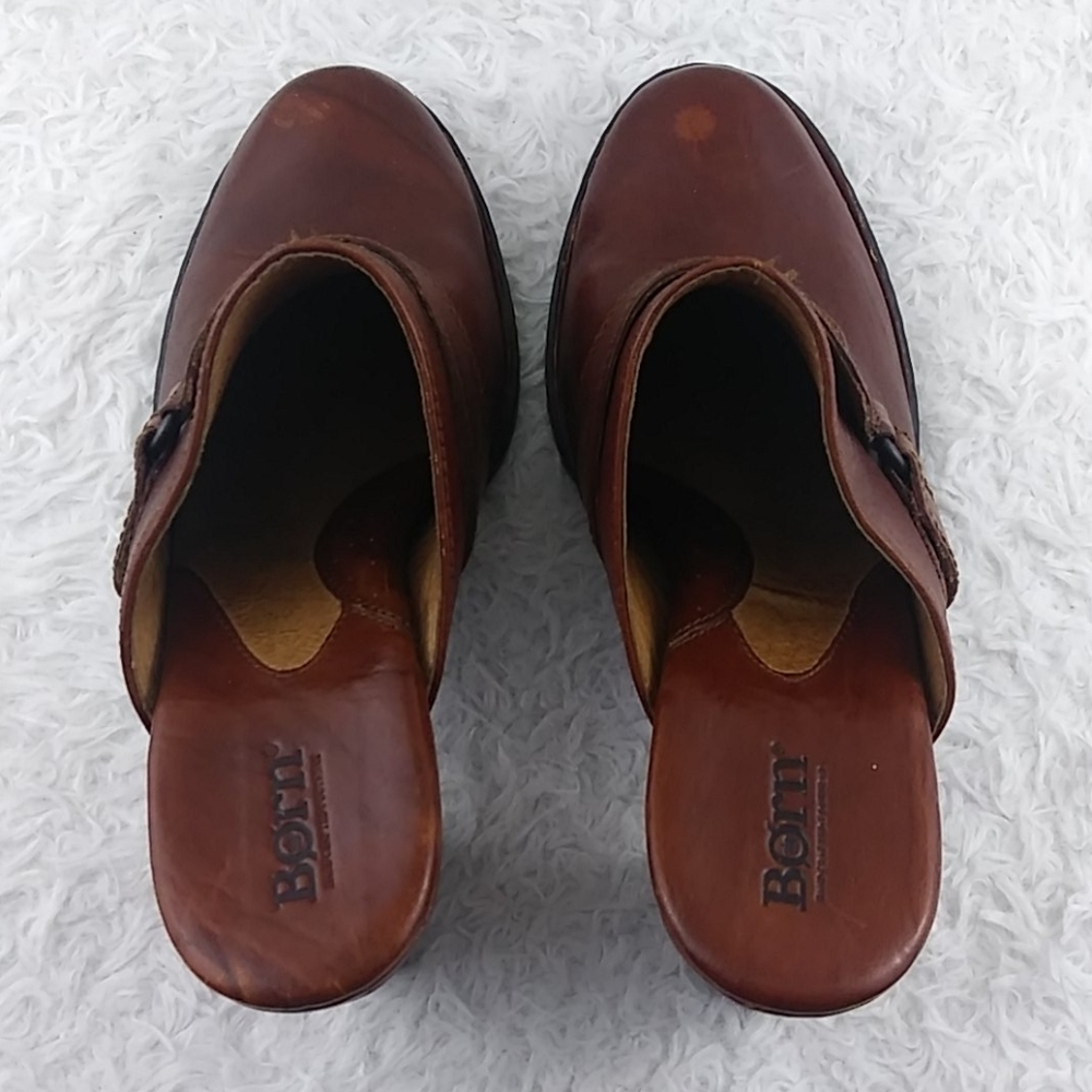 Born Handcrafted Footwear Brown Leather Upper Almond Toe Blocked Heel Clog Shoe - Picture 3 of 14